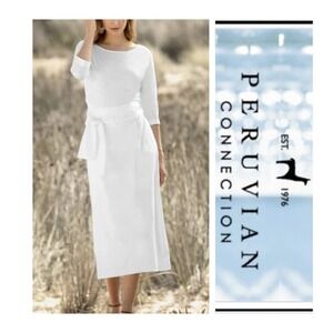 Peruvian Connection White Majorelle Faux Wrap Pima Cotton Midi Dress Size L